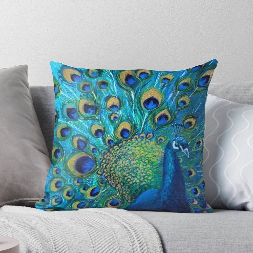 Vibrant blue and gold peacock feather design throw pillow