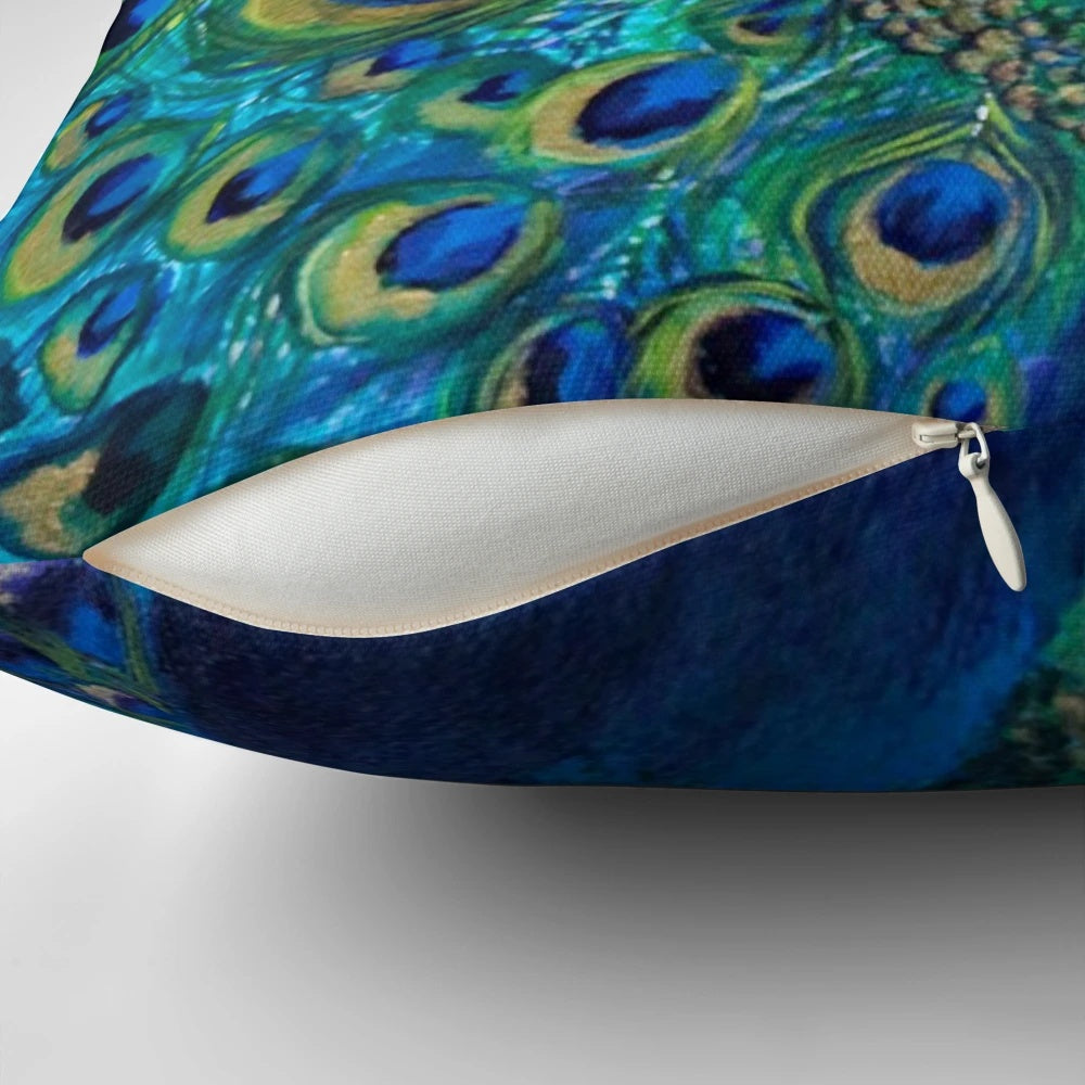 Vibrant blue and gold peacock feather design throw pillow