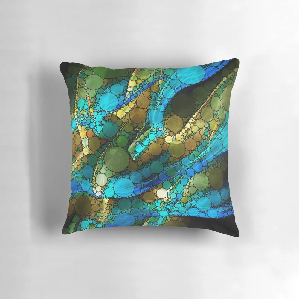 Peacock-inspired abstract art pillow in turquoise, blue, green, and black with gold accents