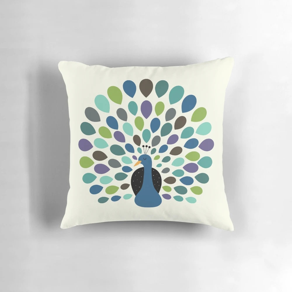 Colorful peacock-patterned decorative pillow for home and kids' room decor