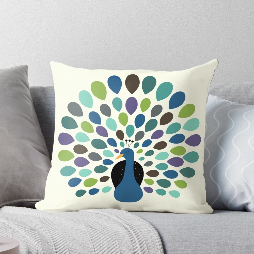 Colorful peacock-patterned decorative pillow for home and kids' room decor