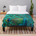 Colorful plush blanket featuring iridescent peafowl feather design