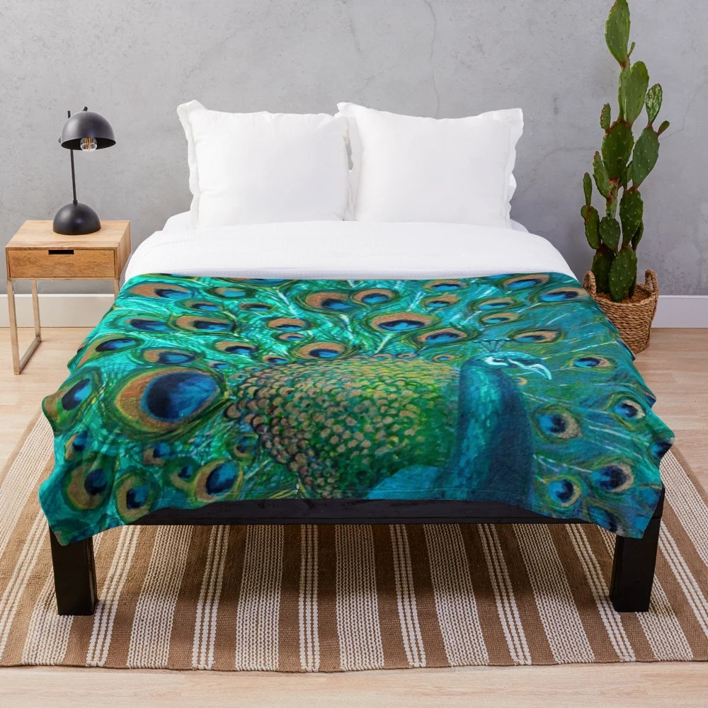 Colorful plush blanket featuring iridescent peafowl feather design