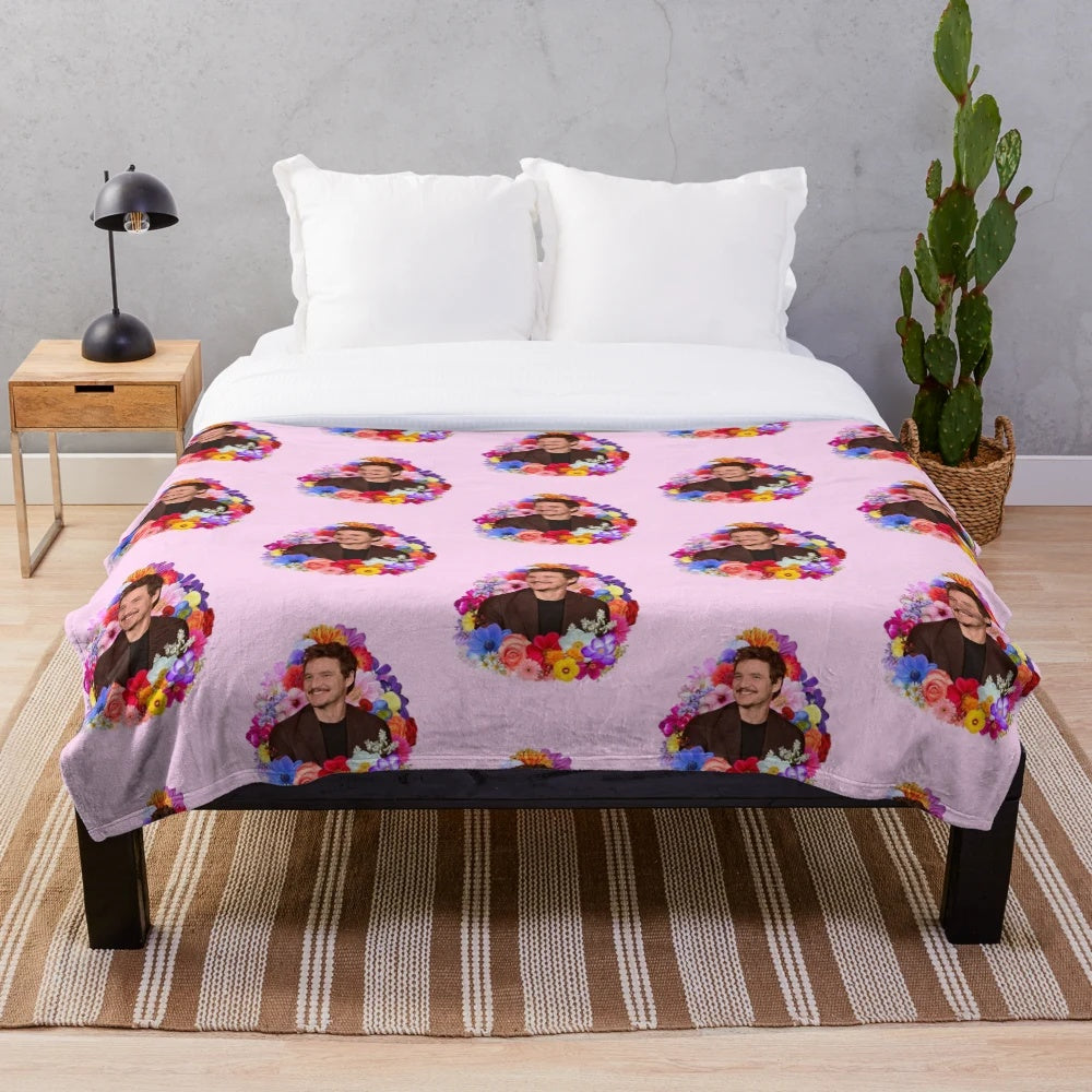 Colorful and cozy plush blanket featuring Pedro Pascal's iconic characters