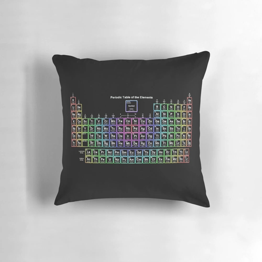 A colorful periodic table-themed pillow with a neon rainbow design, perfect for science lovers and geeks.