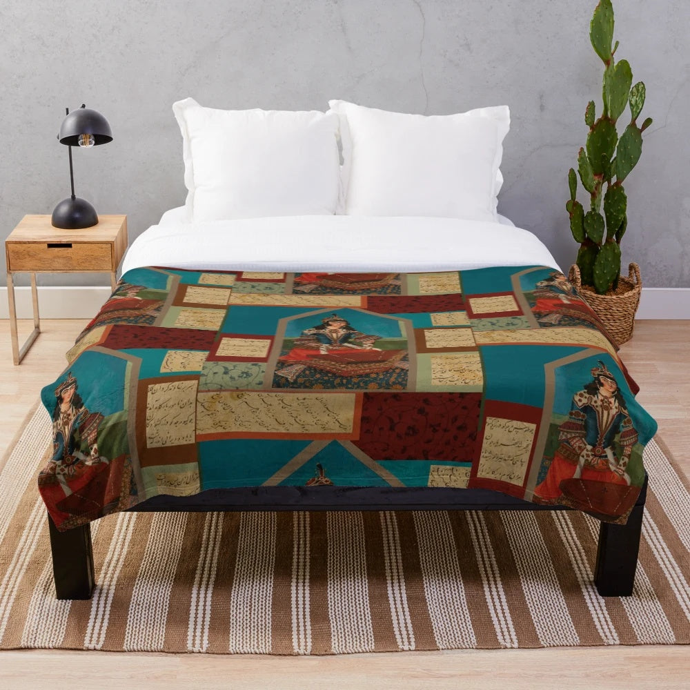 Persian musician playing traditional musical instrument on plush blanket with calligraphic design
