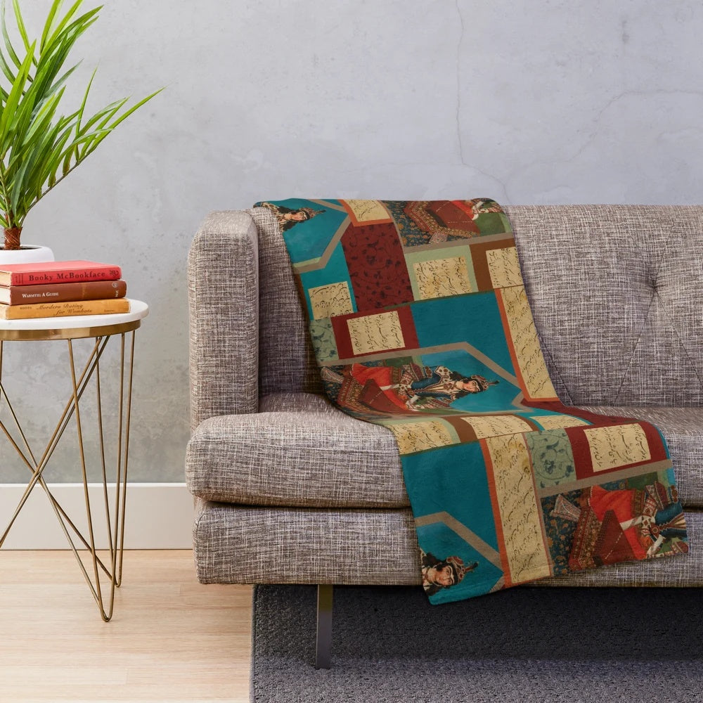 Persian musician playing traditional musical instrument on plush blanket with calligraphic design