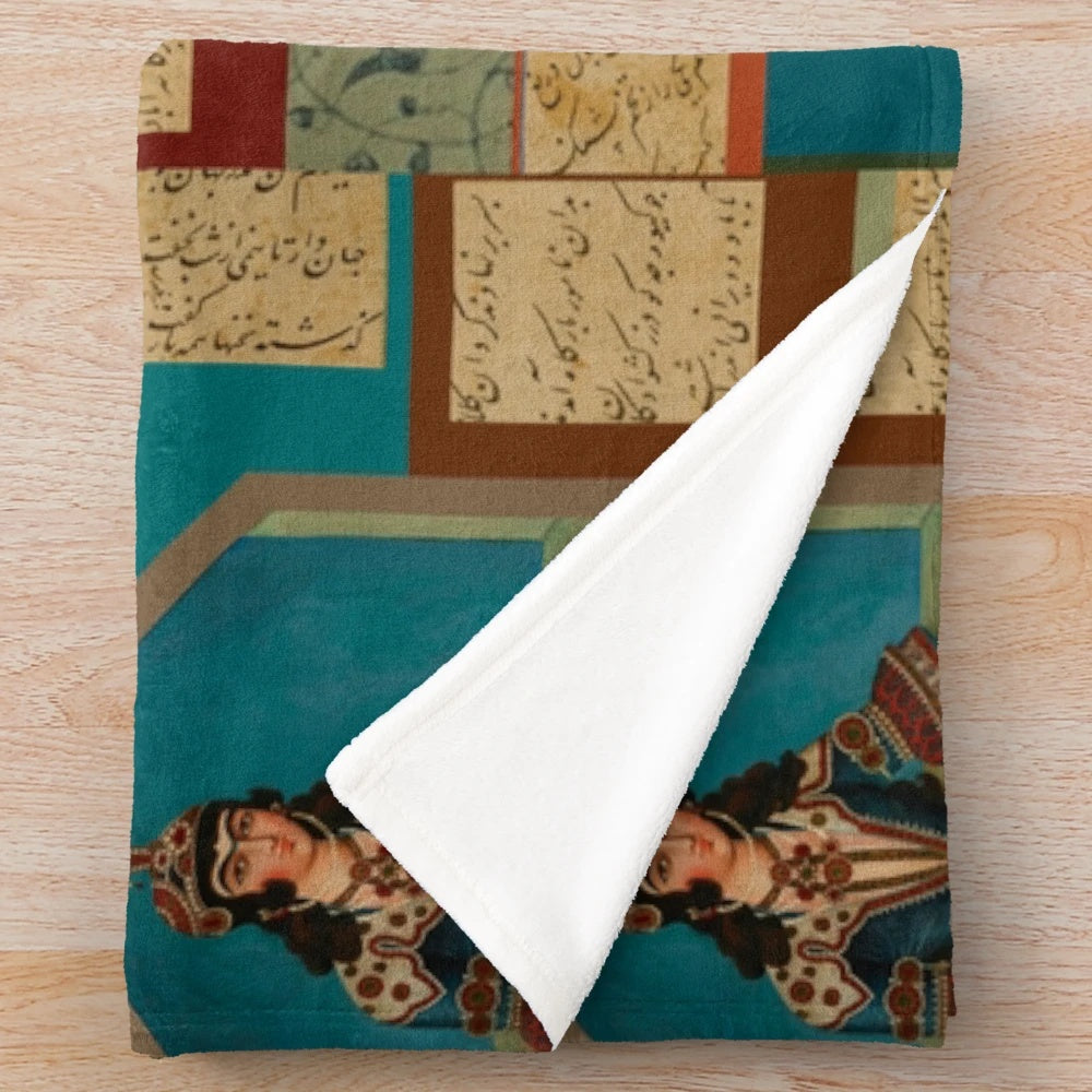 Persian musician playing traditional musical instrument on plush blanket with calligraphic design