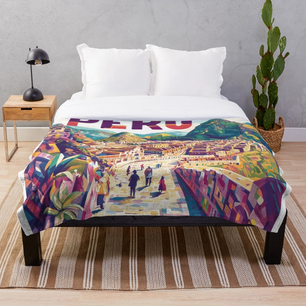 Vibrant Peruvian art plush blanket featuring colorful traditional patterns and designs