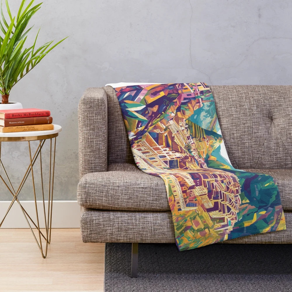 Vibrant Peruvian art plush blanket featuring colorful traditional patterns and designs