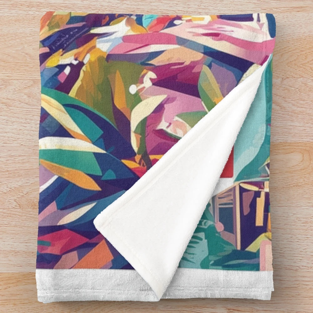 Vibrant Peruvian art plush blanket featuring colorful traditional patterns and designs