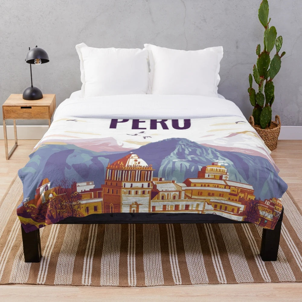 Colorful plush blanket featuring vibrant Peruvian art and cultural designs