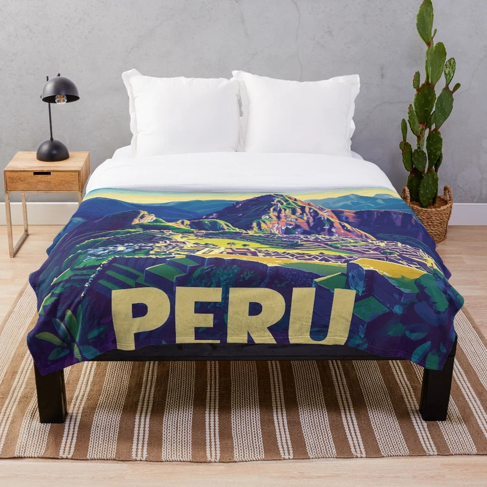 Colorful Peruvian art plush blanket featuring vibrant traditional patterns and indigenous designs