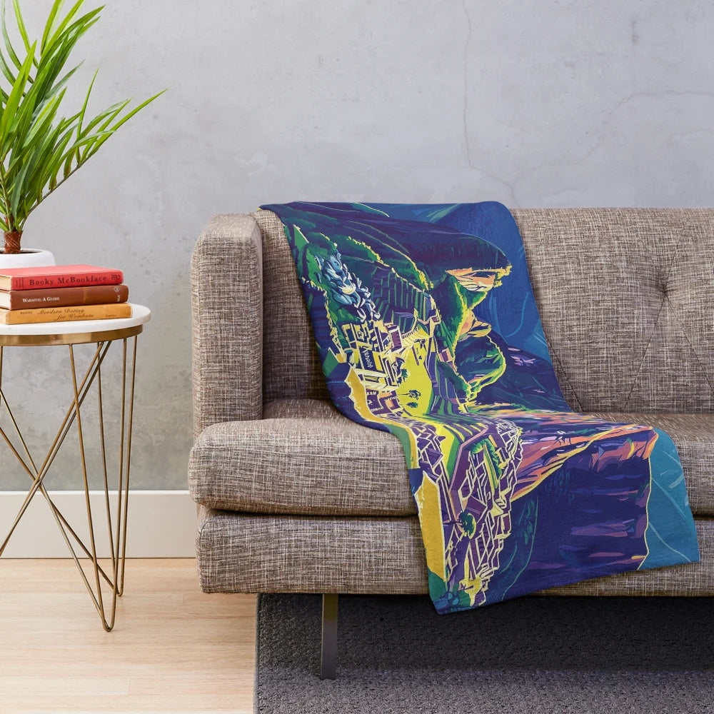 Colorful Peruvian art plush blanket featuring vibrant traditional patterns and indigenous designs