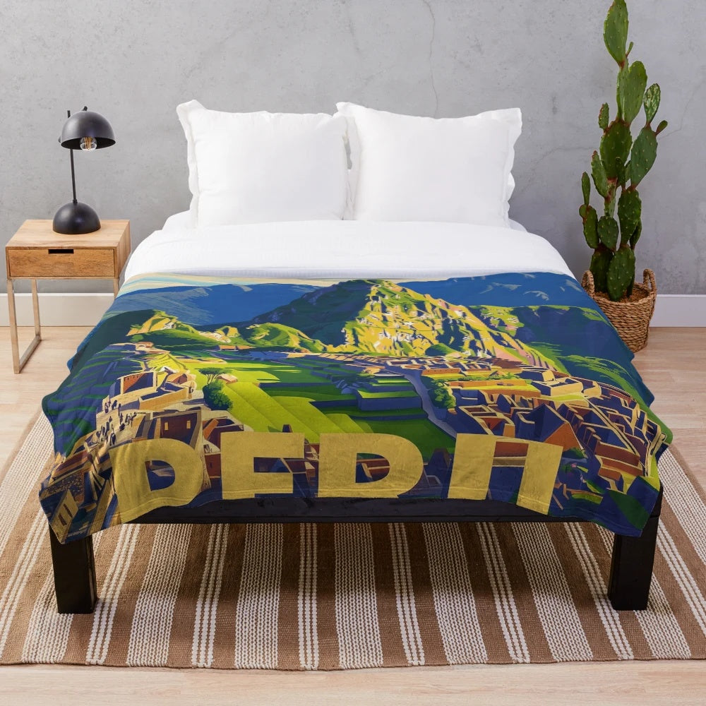 Vibrant Peruvian art plush blanket featuring colorful traditional patterns