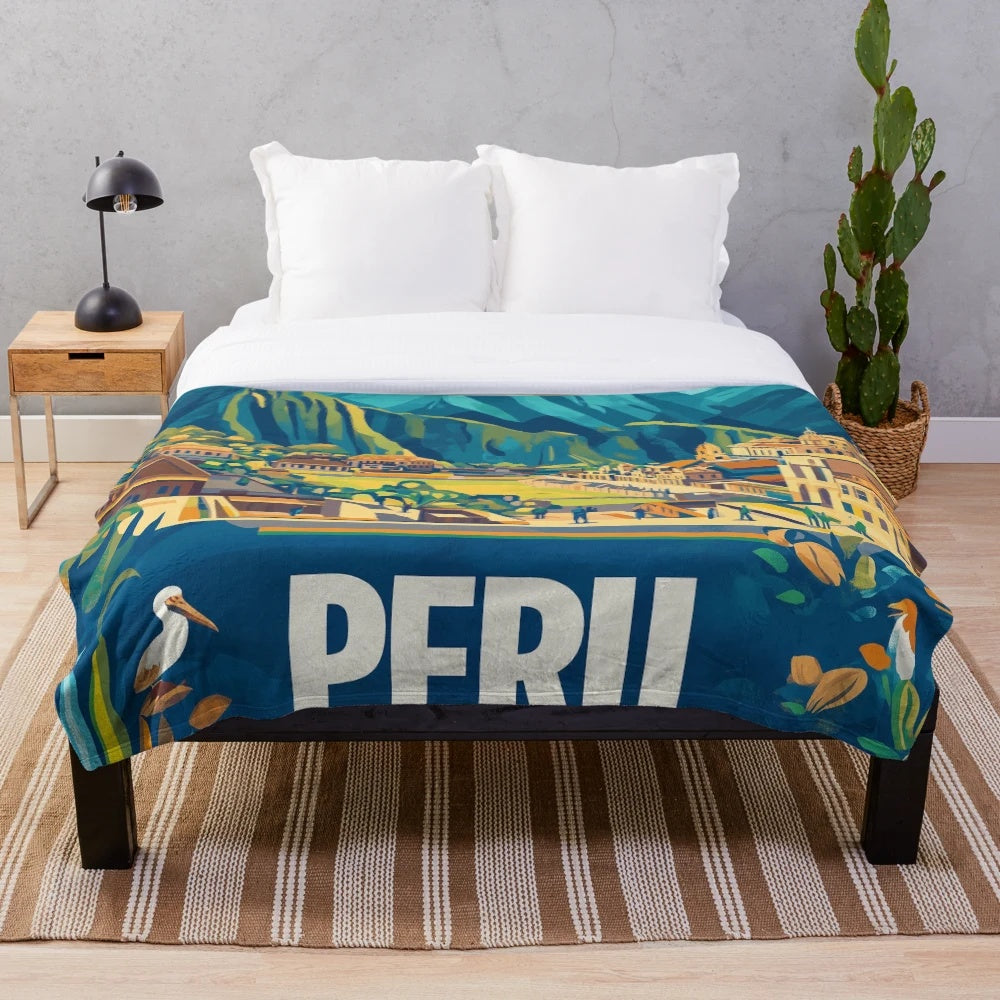 Colorful plush blanket featuring vibrant Peruvian cultural imagery and traditional art