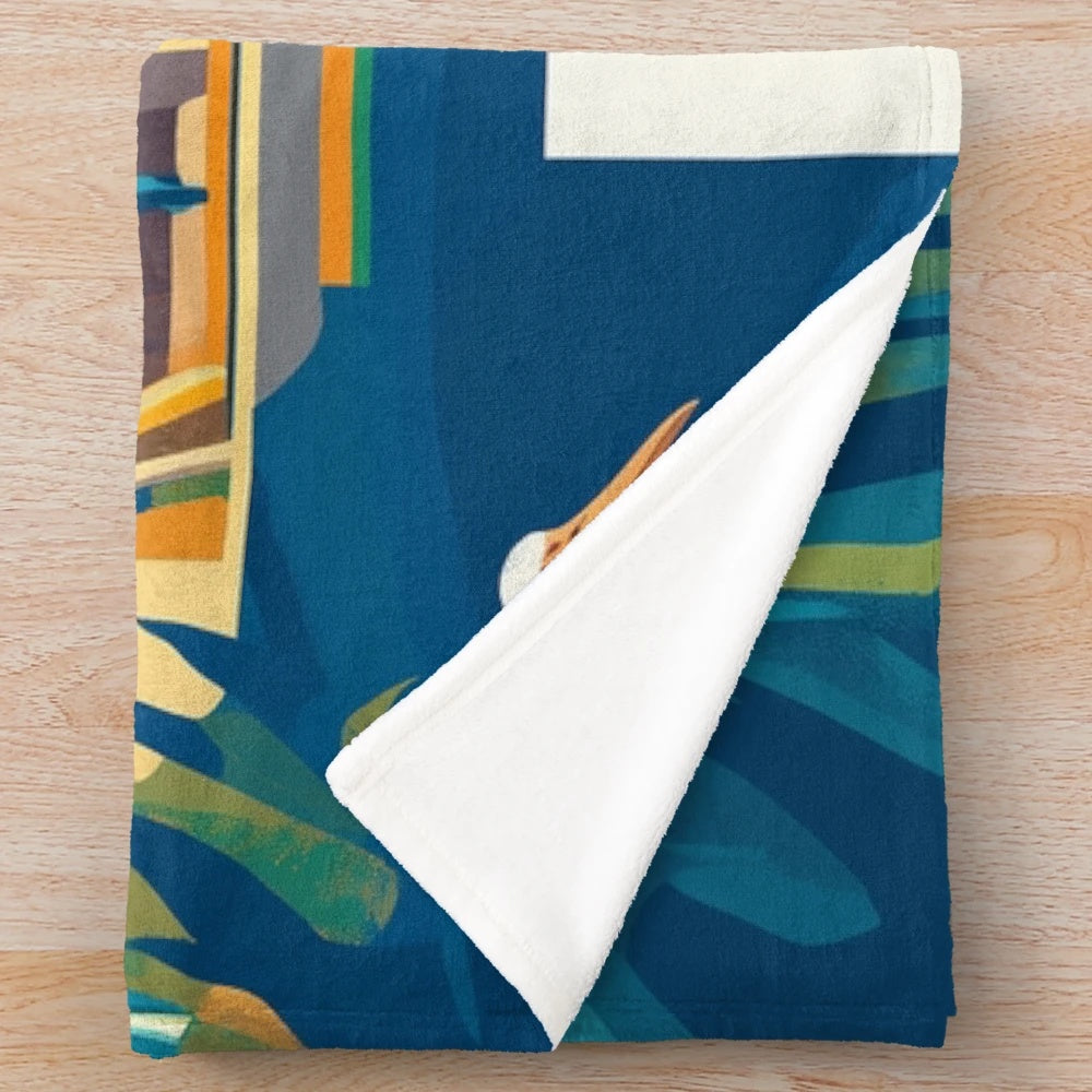 Colorful plush blanket featuring vibrant Peruvian cultural imagery and traditional art