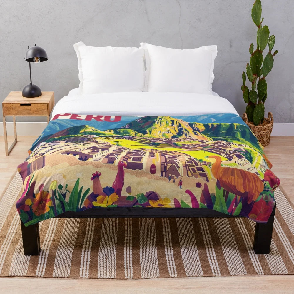 Vibrant Peruvian culture plush blanket with colorful Peruvian art