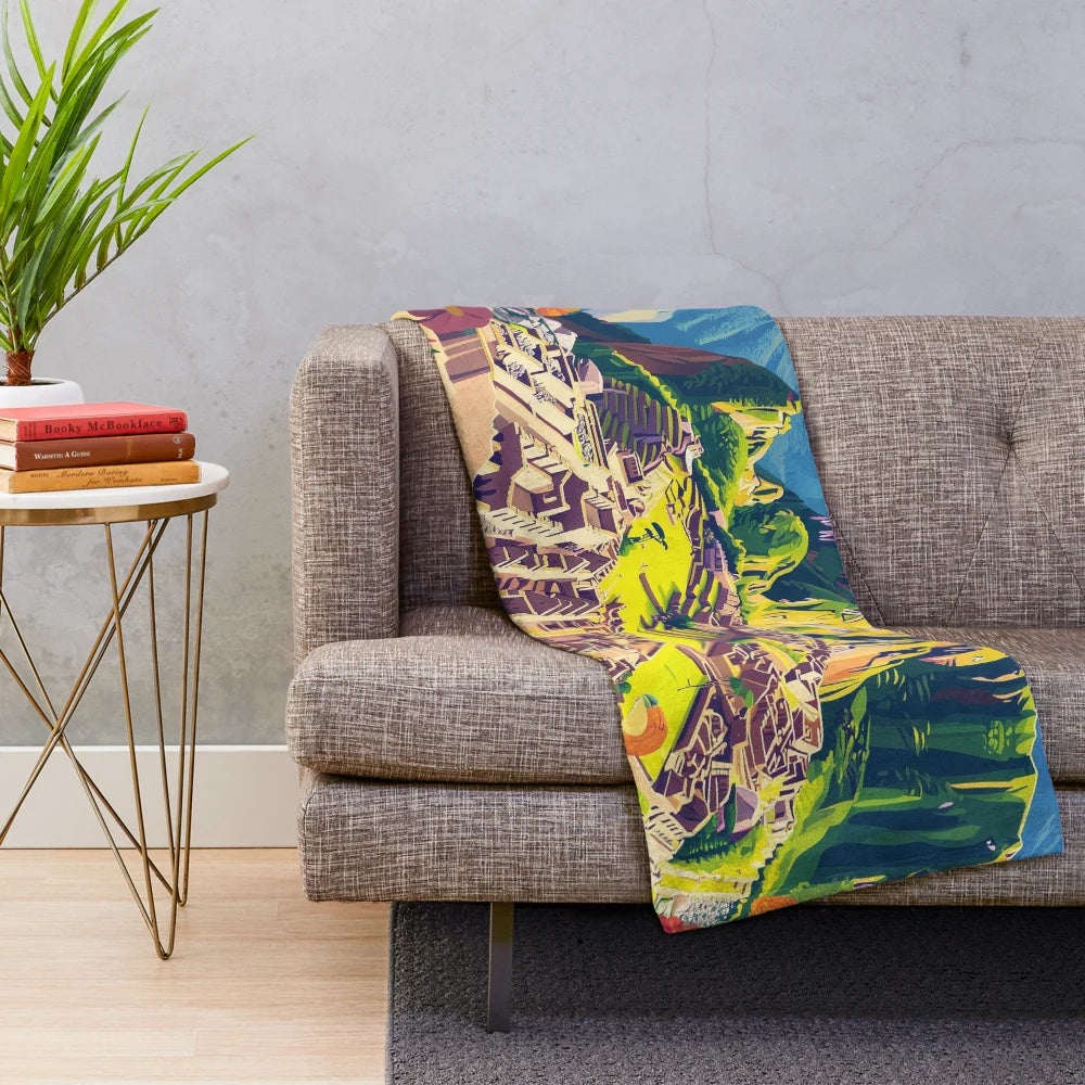 Vibrant Peruvian culture plush blanket with colorful Peruvian art