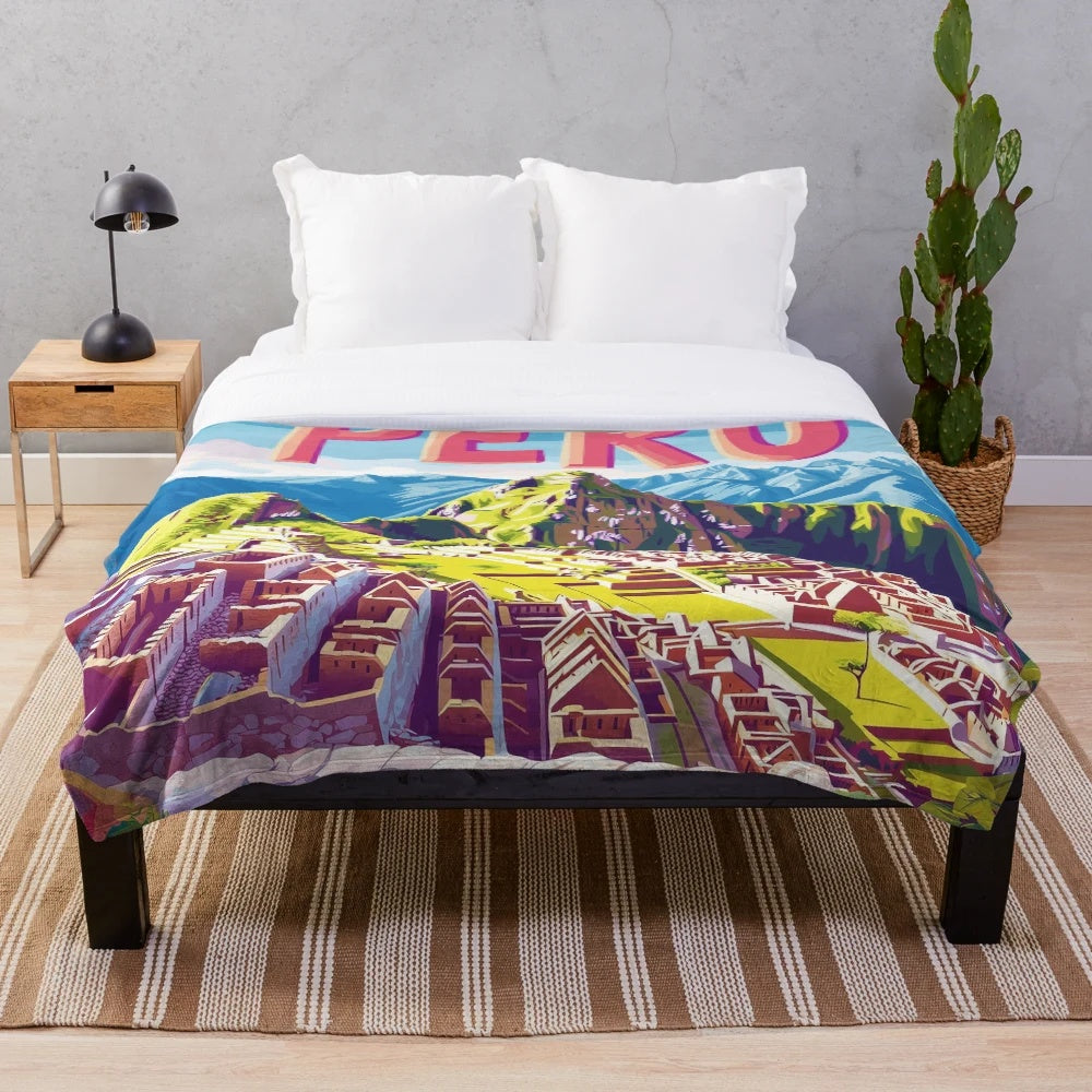Colorful Peruvian-inspired plush blanket with vibrant cultural design