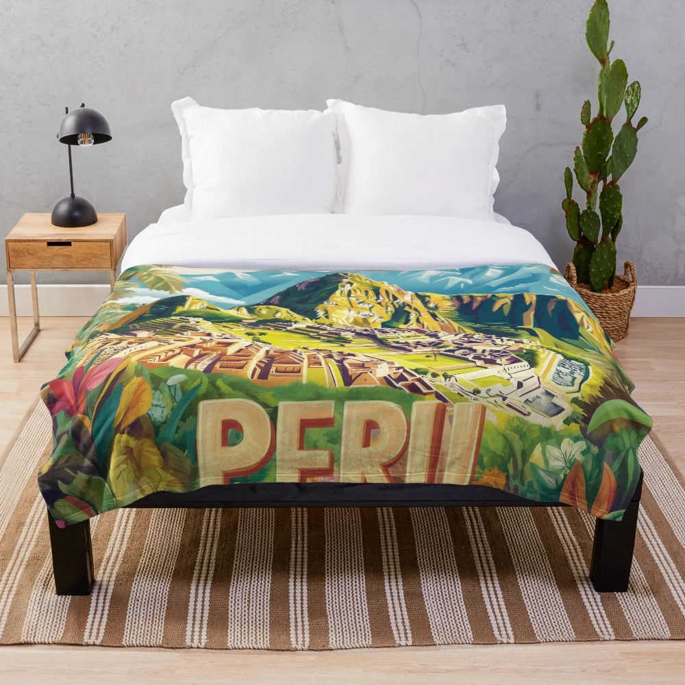 Vibrant plush blanket featuring Peruvian-inspired colorful artwork