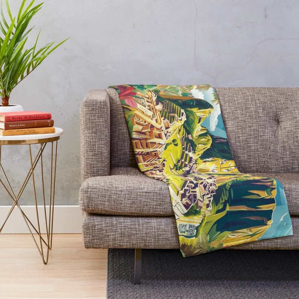 Vibrant plush blanket featuring Peruvian-inspired colorful artwork