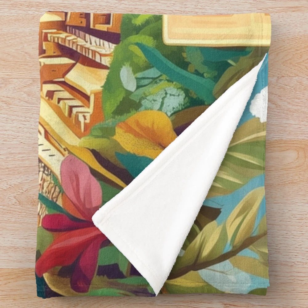 Vibrant plush blanket featuring Peruvian-inspired colorful artwork