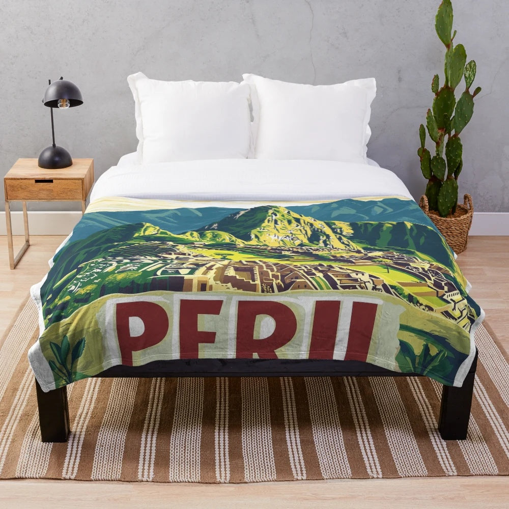 Vibrant plush blanket featuring Peruvian-inspired colorful artwork