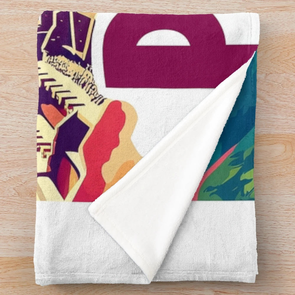 Colorful plush blanket featuring vibrant Peruvian-inspired artwork and patterns