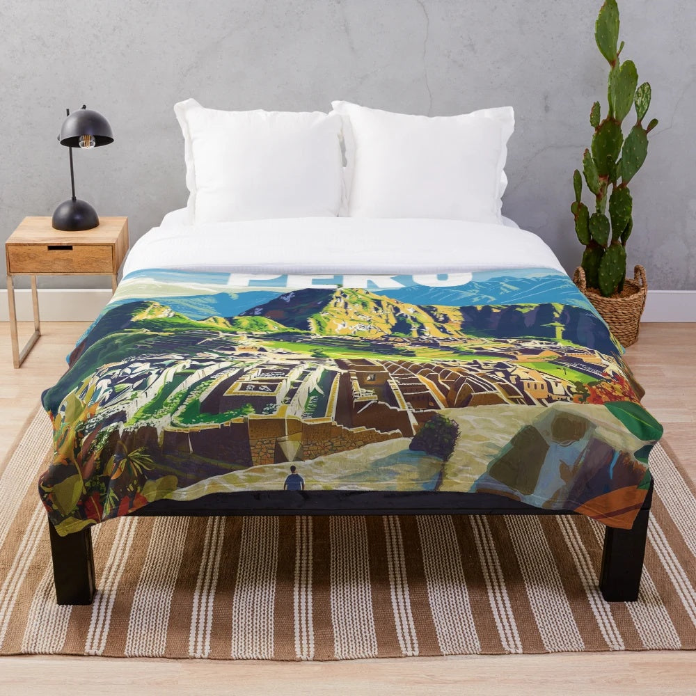 Colorful plush blanket featuring vibrant Peruvian-inspired art and patterns