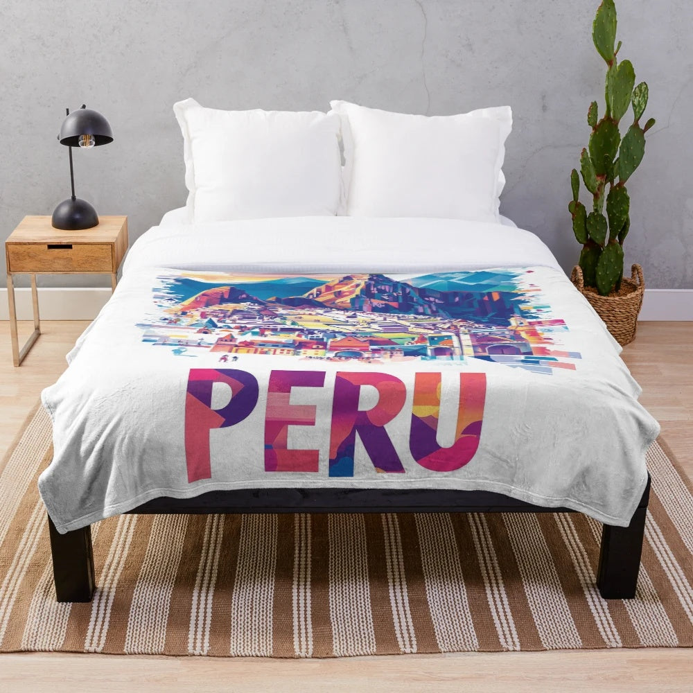 Vibrant Peruvian-inspired plush blanket with traditional textile design