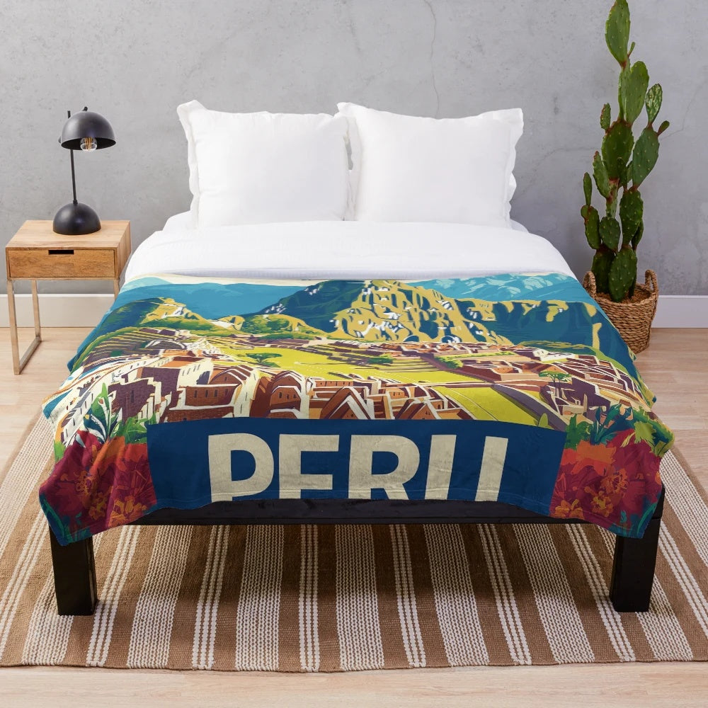 Colorful plush blanket featuring vibrant Peruvian-inspired art and design