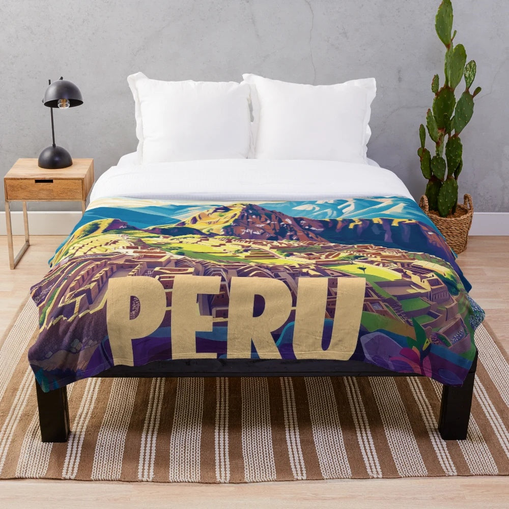Vibrant Peruvian plush blanket with colorful Peruvian cultural artwork