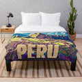 Vibrant Peruvian plush blanket with colorful Peruvian cultural artwork