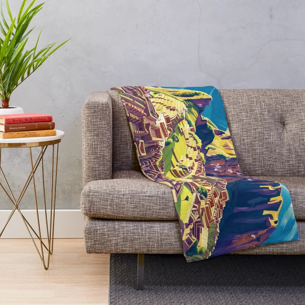 Vibrant Peruvian plush blanket with colorful Peruvian cultural artwork