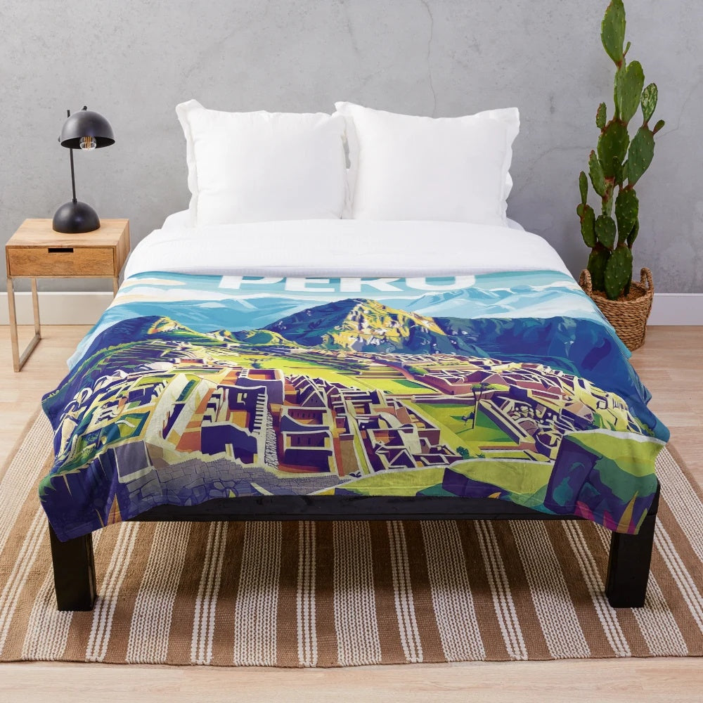 Vibrant Peruvian plush blanket featuring colorful traditional Peruvian art and cultural designs