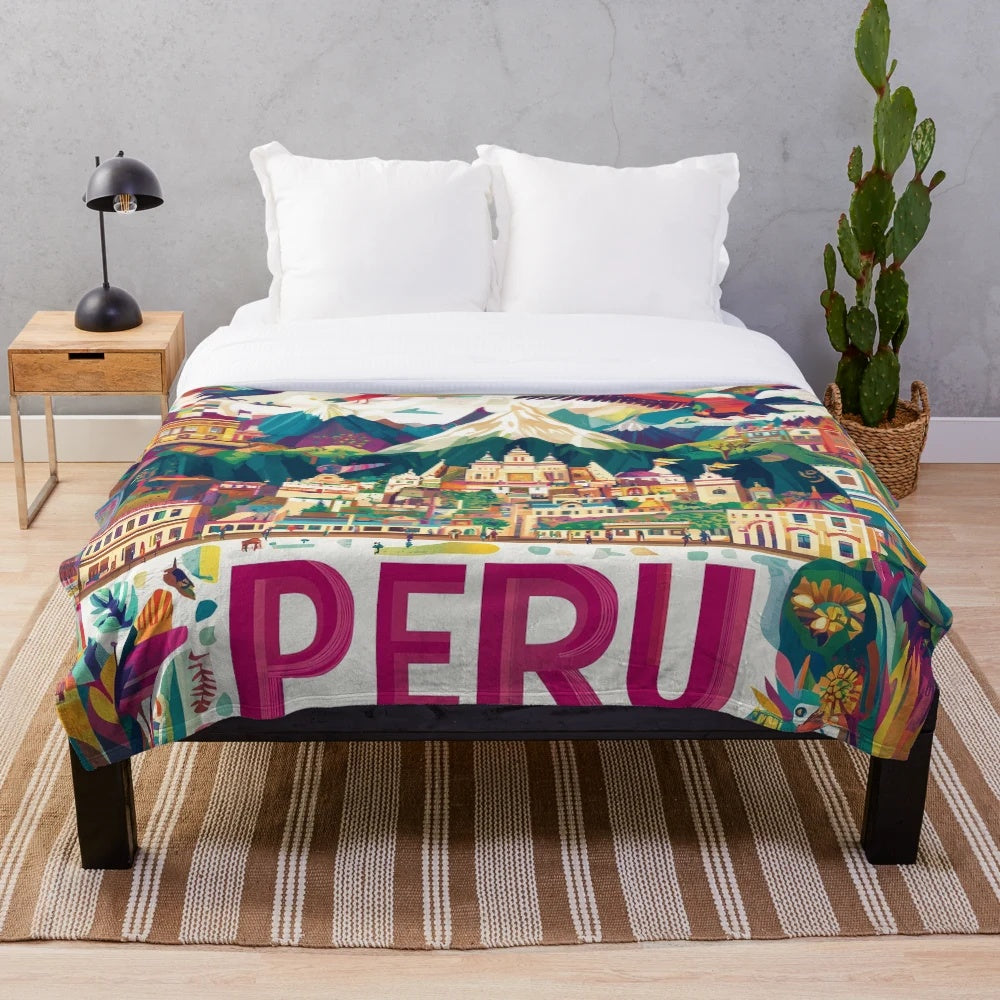 Plush blanket featuring vibrant Peruvian cultural art and designs