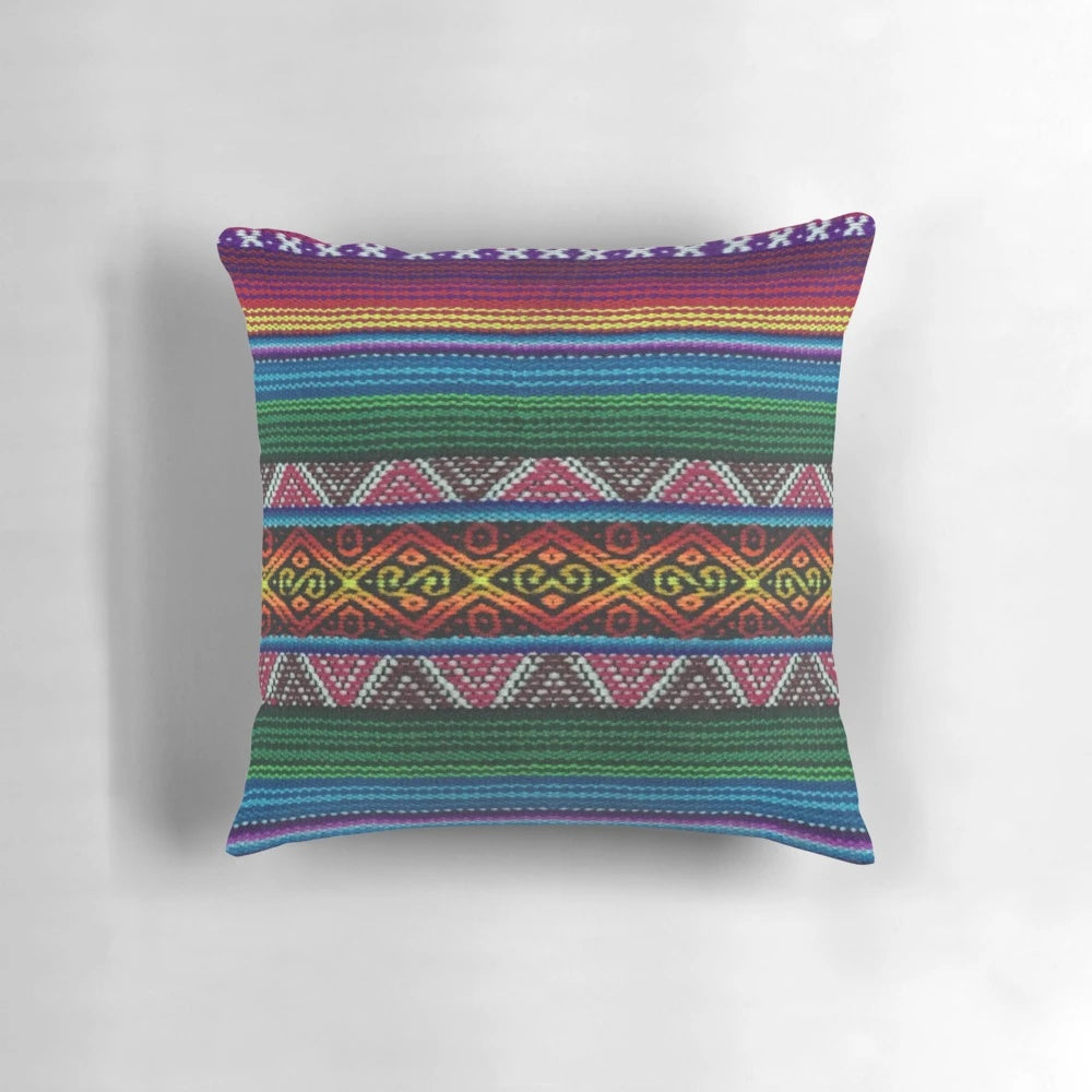 Colorful Peruvian textile pattern pillow featuring Inca and Quechua design elements