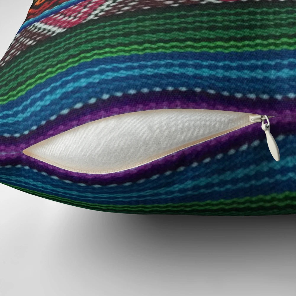 Colorful Peruvian textile pattern pillow featuring Inca and Quechua design elements