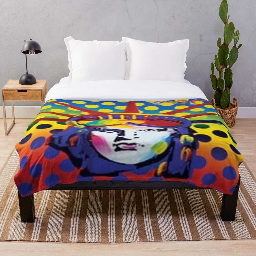 Colorful plush blanket featuring the Statue of Liberty design by artist Peter Max
