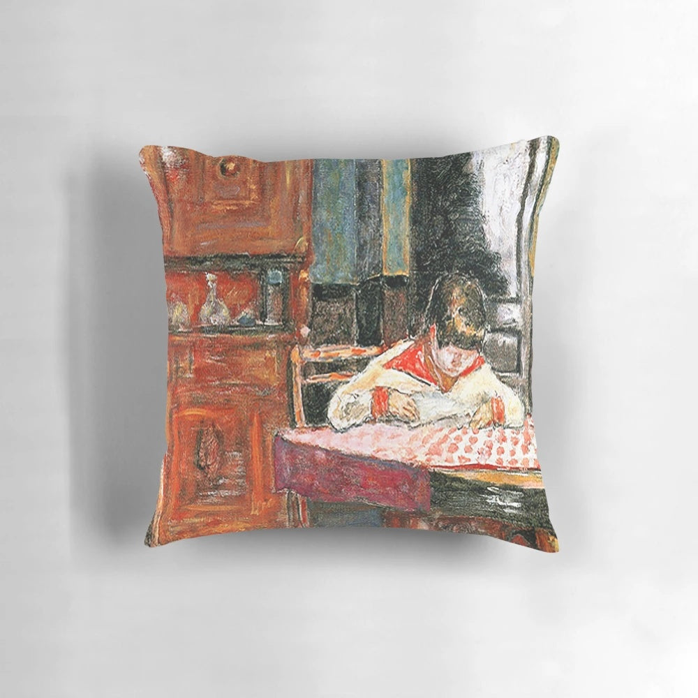 Colorful throw pillow featuring a post-impressionist painting by French artist Pierre Bonnard.