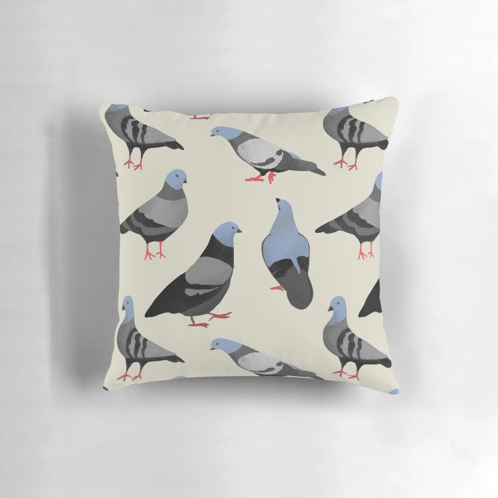 Colorful decorative pillow featuring a stylized pigeon design, perfect for adding a touch of urban flair to any space.