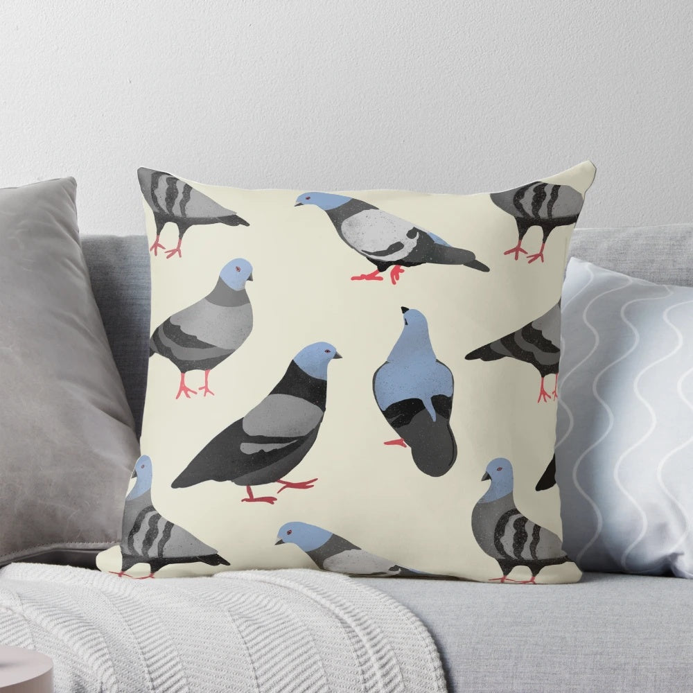 Colorful decorative pillow featuring a stylized pigeon design, perfect for adding a touch of urban flair to any space.