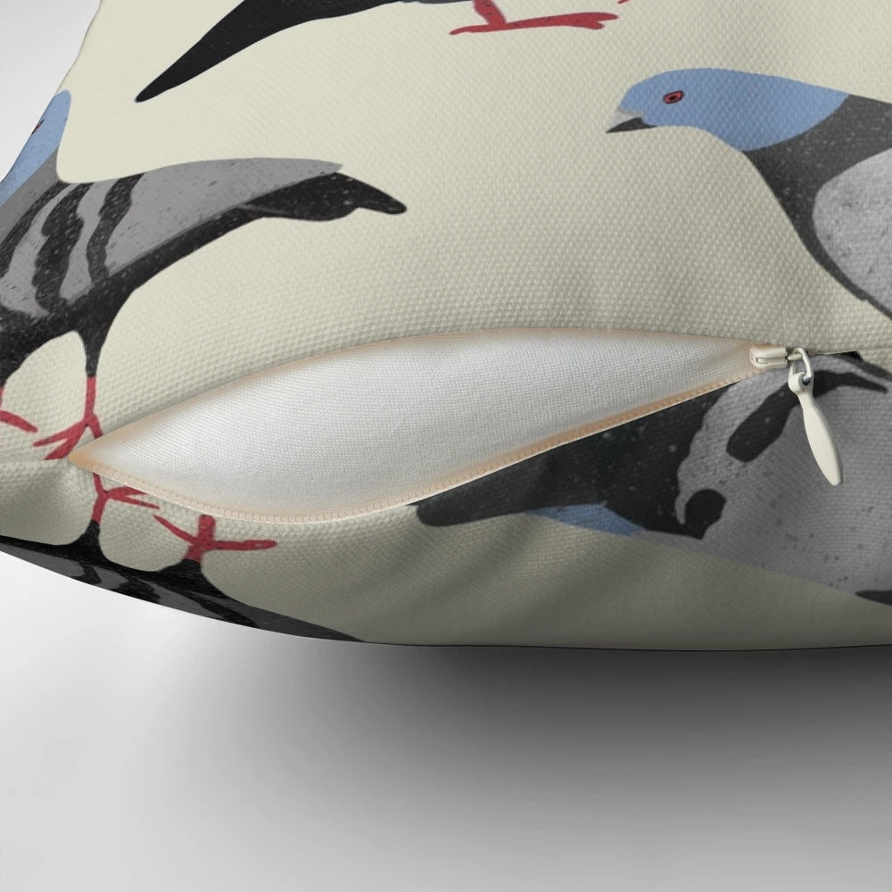 Colorful decorative pillow featuring a stylized pigeon design, perfect for adding a touch of urban flair to any space.