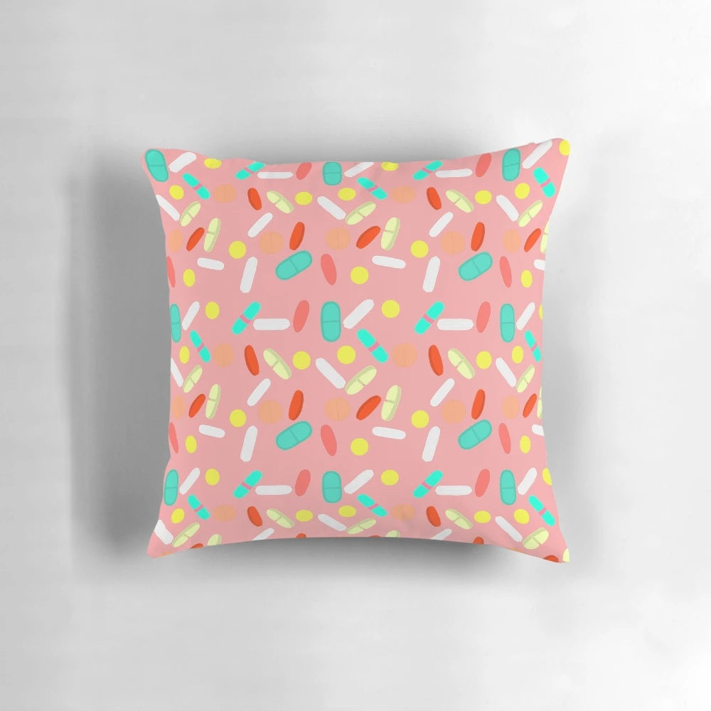 Colorful pillow with a digital pill pattern design, perfect for adding a touch of creativity to any room.