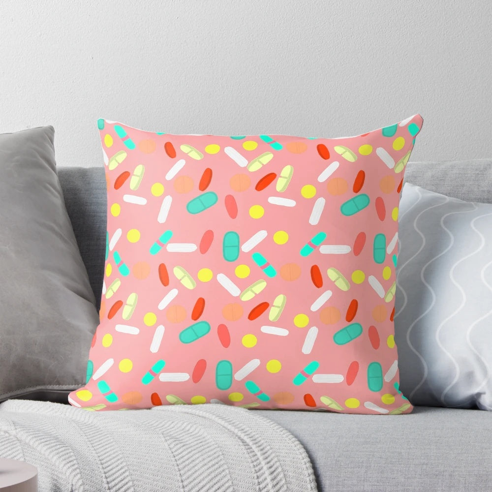 Colorful pillow with a digital pill pattern design, perfect for adding a touch of creativity to any room.