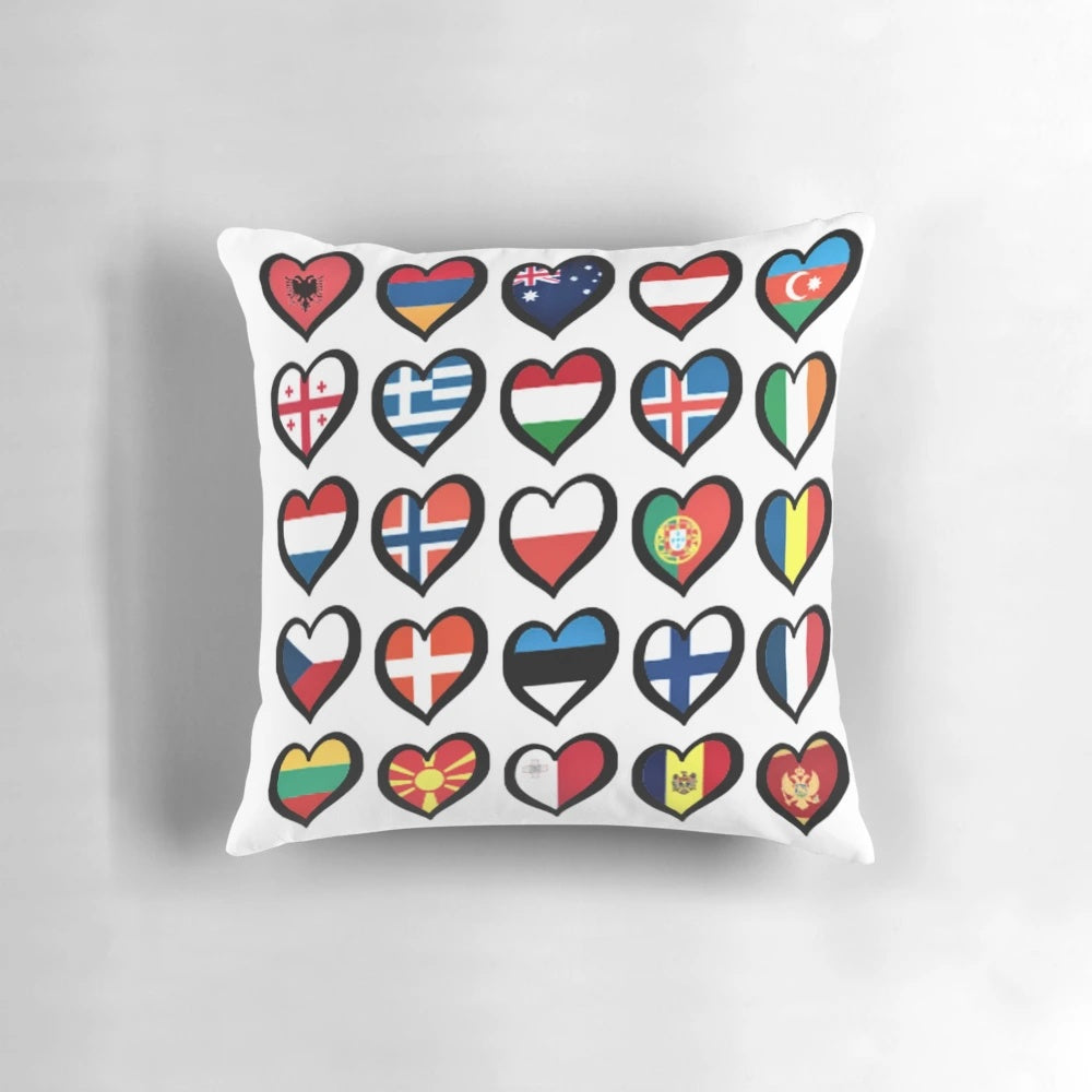 Colorful pillow featuring Eurovision Song Contest symbols and hearts