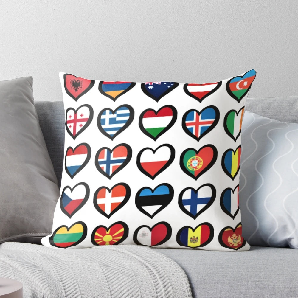 Colorful pillow featuring Eurovision Song Contest symbols and hearts