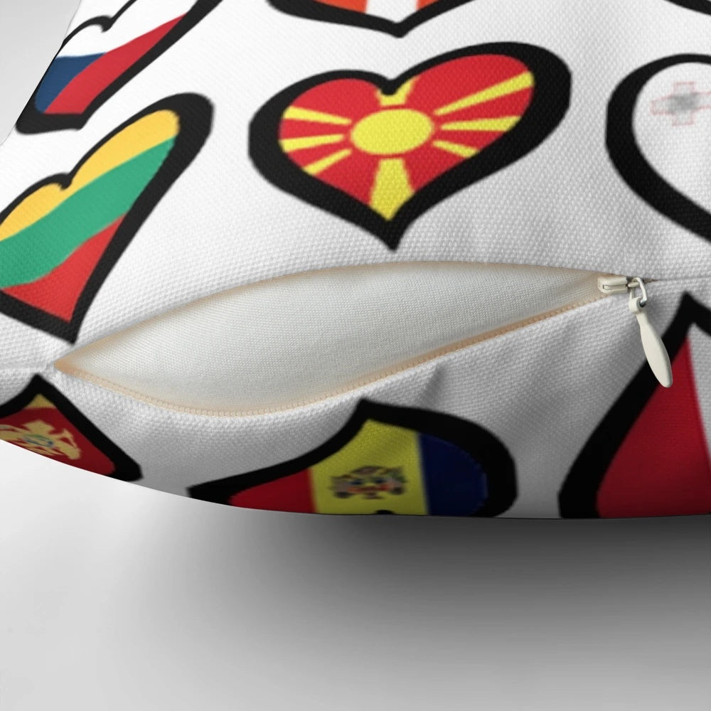 Colorful pillow featuring Eurovision Song Contest symbols and hearts