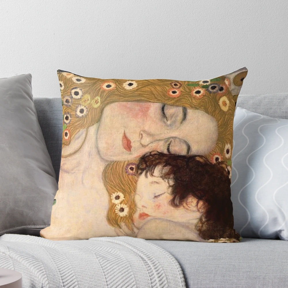 Vibrant pillow featuring Gustav Klimt's iconic "The Three Ages of Woman" painting.